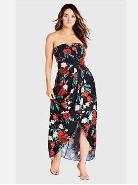 City Chic Black Red Strapless Floral Hi Lo Sweetheart Dress Plus 16 Romantic NWT